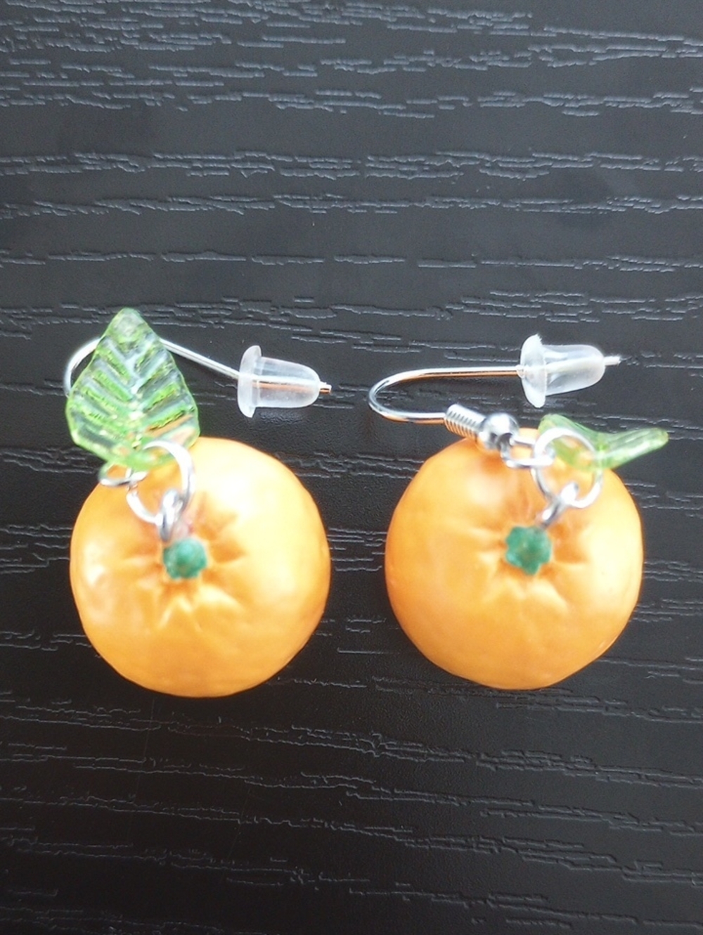 Orange Fruit Drop Earrings with Green Leaf Accents